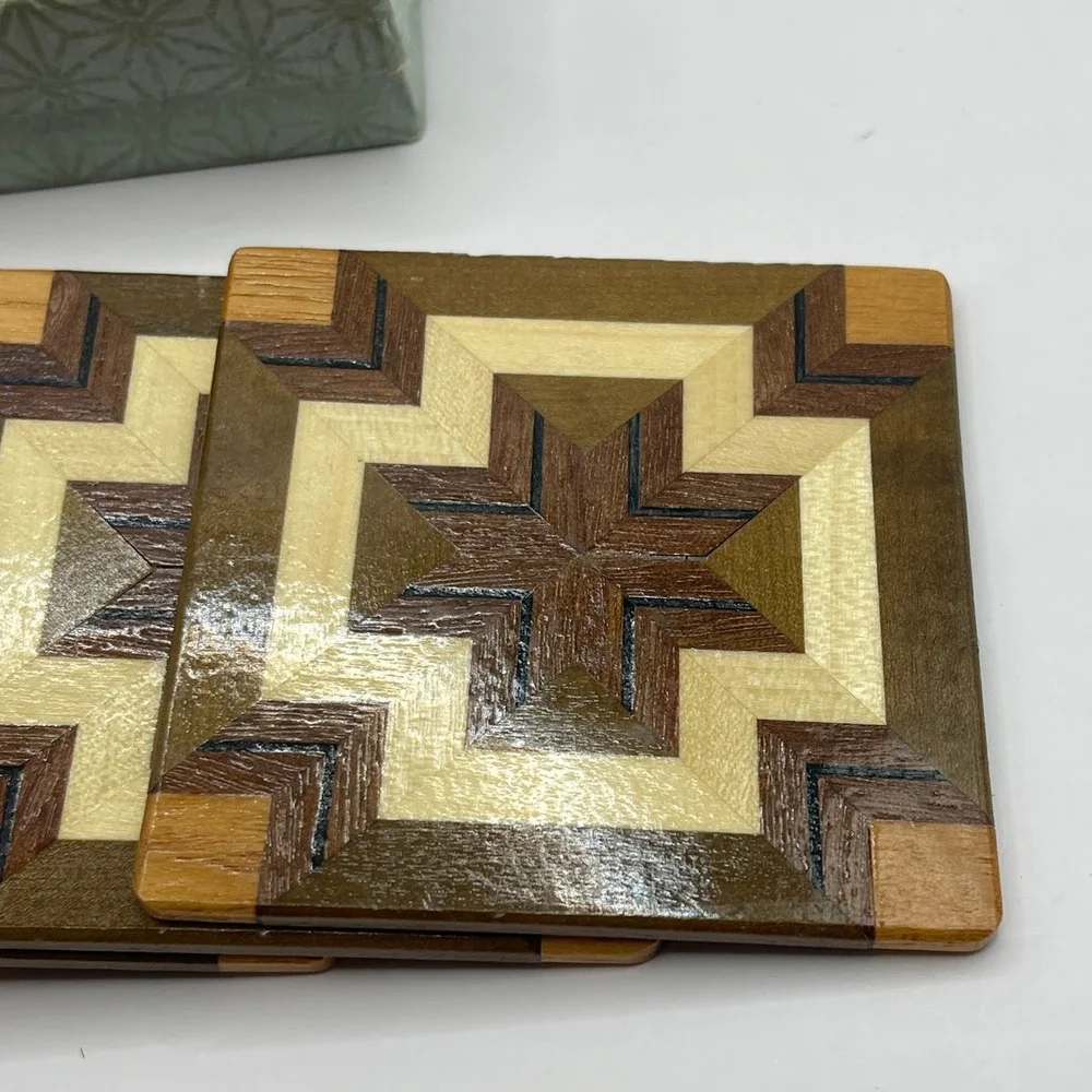 Vintage Wood Mosaic Coasters Set of 5 Star Pattern MCM Bar Parque 3X3 inches